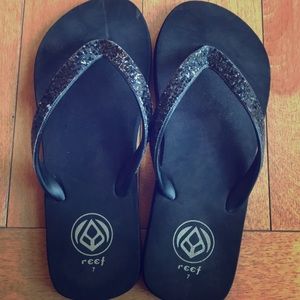 Reef black sequin wide strap flip flops